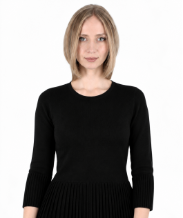 Rochie neagră din lână plisată decolteu rotund